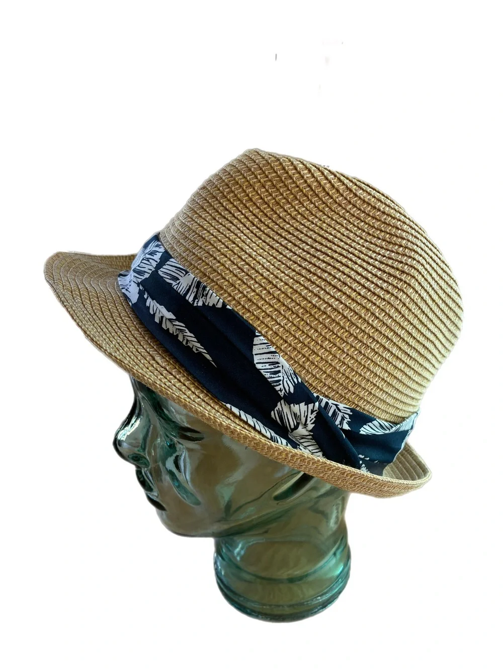 American Eagle Woven Straw Fedora Trilby Hat Navy Leaf Band L/XL Vacation Tropic